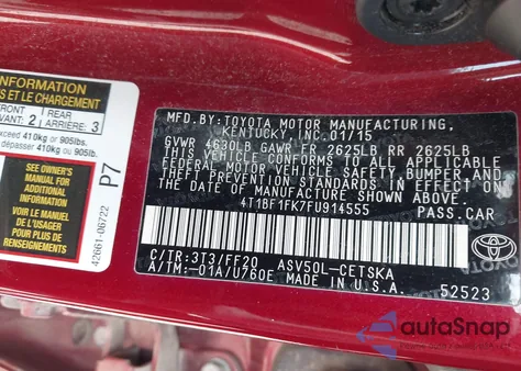 2015 Toyota Camry Se z USA, uszkodzony, nr VIN 4T1BF1FK7FU914555